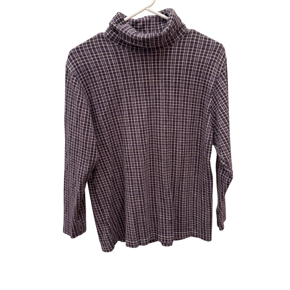 St Johns Bay Womens Purple Plaid Turtleneck Long Sleeve Cotton Knit Top Large